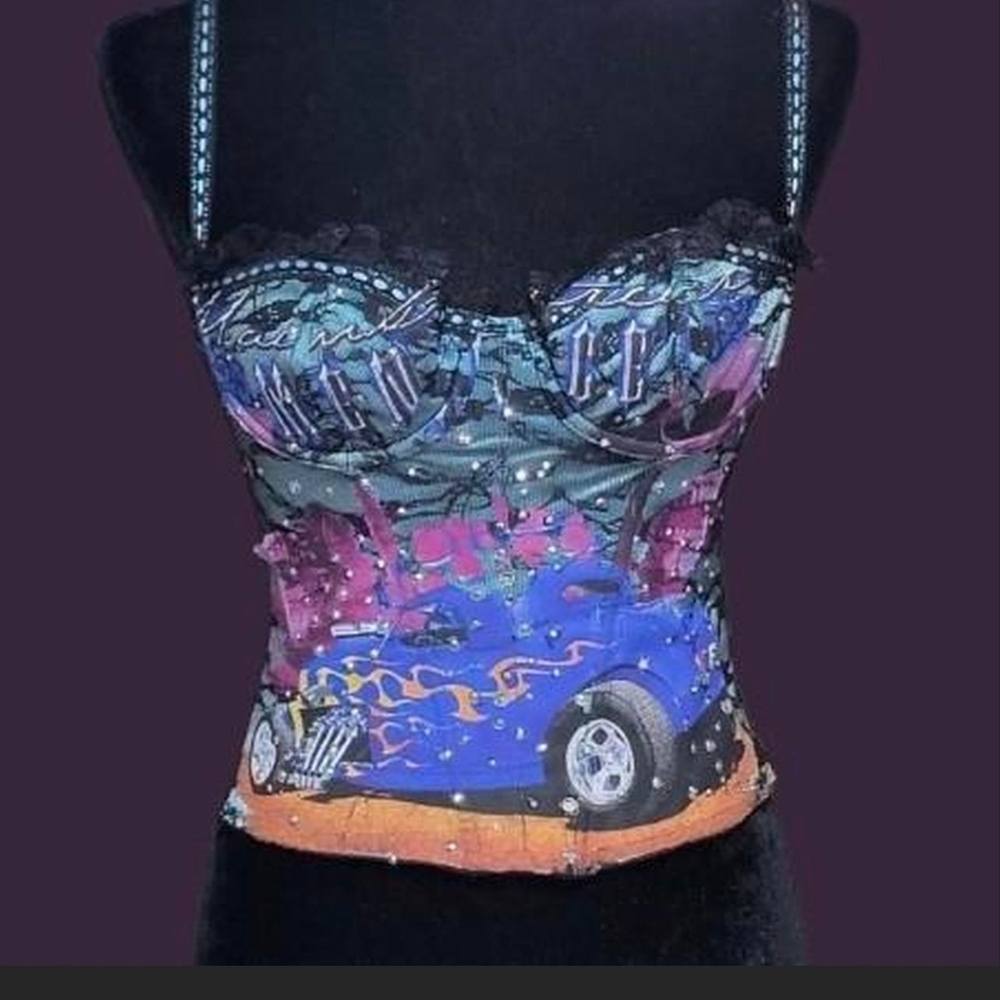 Multicolored Car Punk Graphic Corsrt Top